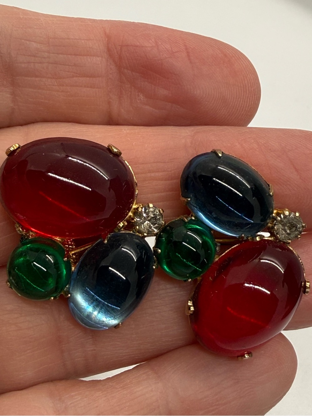 Accessocraft NY Jewel-Tone Red Blue Green Cabochon Clip Earrings Vintage